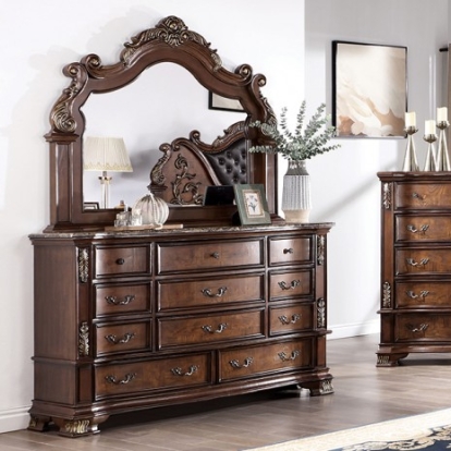 Furniture of America Esparanza Traditional Leatherette Marble Polyresin Solid with Wood Brown Cherry Dresser Model CM7478CH-D