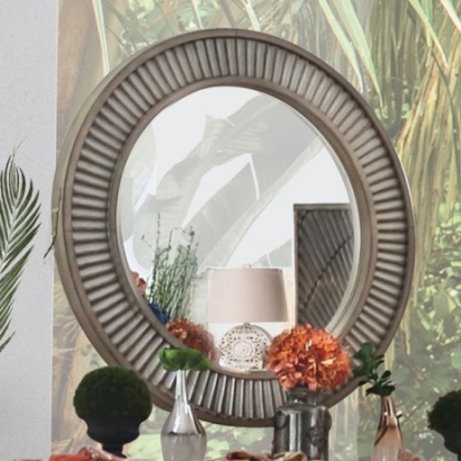 Furniture of America Kamalah Transitional Solid with Wood Veneer Antique Gray Round Mirror Model CM7521M