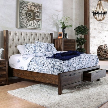Furniture of America Hutchinson Rustic Linen-Like Solid with Wood Veneer Rustic Natural Tone-Beige Bed Model CM7577DR-EK-BED