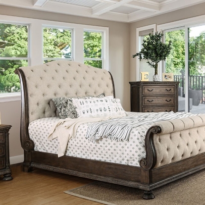 Furniture of America Lysandra Transitional Linen-Like Solid with Wood Veneer Rustic Natural Tone-Beige Bed Model CM7663
