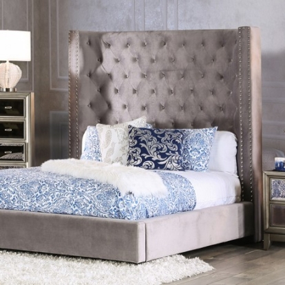 Furniture of America Rosabelle Transitional Velvet-Like Solid with Wood Gray Bed Model CM7669GY-Queen Bed