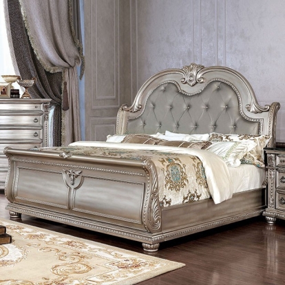 Furniture of America Fromberg Traditional Fabric-Like Vinyl Solid with Wood Veneer Champagne Bed Model CM7670CPN