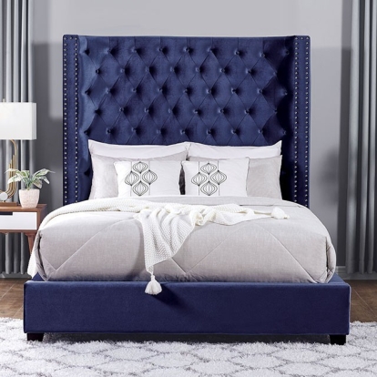 Furniture of America Mirabelle Transitional Velvet-Like Solid with Wood Blue Bed Model CM7679BL