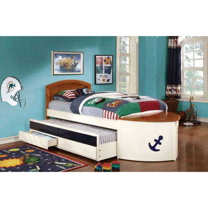 Voyager White/Oak/Navy Twin Bed with Trundle with Drawers Model CM7768-BED by Furniture of America