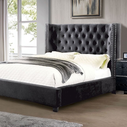 Furniture of America Cayla Transitional Flannelette Solid with Wood Dark Gray Bed Model CM7779DG-CK-BED