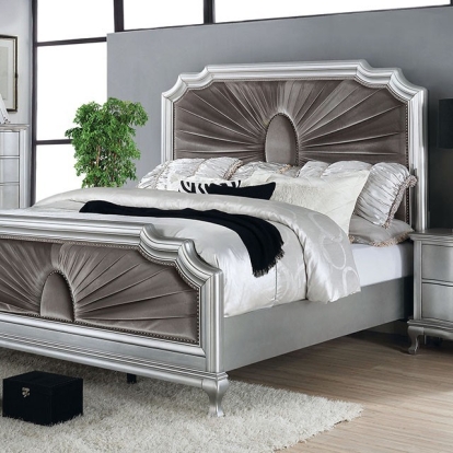 Furniture of America Aalok Glam Velvet-Like Solid with Wood Veneer Silver-Warm Gray Bed Model CM7864
