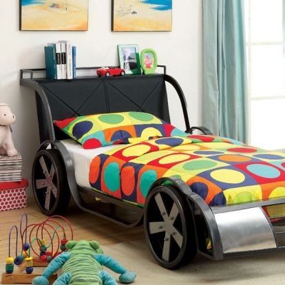 Furniture of America Gt Racer Novelty Leatherette Metal Silver-Gun Metal Full Bed Model CM7946-Twin Bed