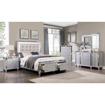 Bellinzona Silver Queen Bed with 1NS with Dresser with Mirror Model CM7992Q-4PC by Furniture of America