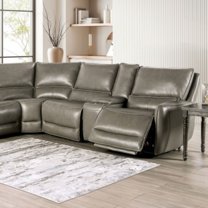 Furniture of America Hestia Transitional Top Grain Leather Match Solid with Wood Gray Power Sectional Model CM9920GY-SECT-PM