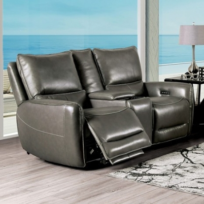 Furniture of America Phineas Transitional Top Grain Leather Match Solid with Wood Gray Power Loveseat Model CM9921GY-LV-PM