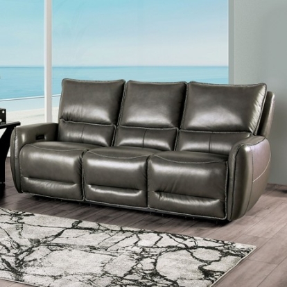 Furniture of America Phineas Transitional Top Grain Leather Match Solid with Wood Gray Power Sofa Model CM9921GY-SF-PM
