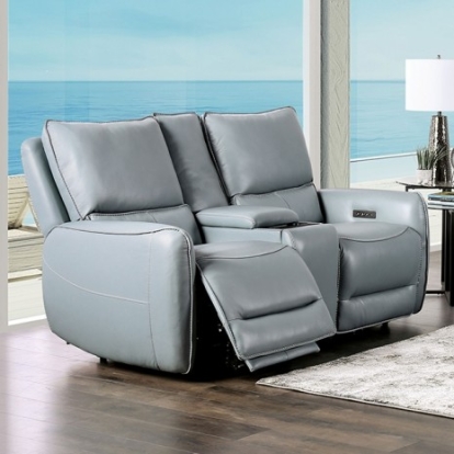 Furniture of America Phineas Transitional Top Grain Leather Match Solid with Wood Pale Blue Power Loveseat Model CM9921PB-LV-PM