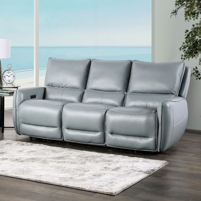 Furniture of America Phineas Transitional Top Grain Leather Match Solid with Wood Pale Blue Power Sofa Model CM9921PB-SF-PM
