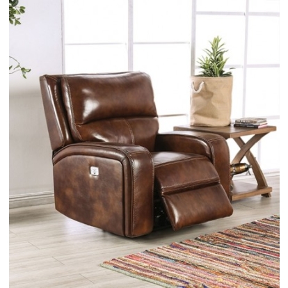 Furniture of America Soterios Transitional Top Grain Leather Match Solid with Wood Medium Brown Power Recliner Model CM9924MB-CH-PM