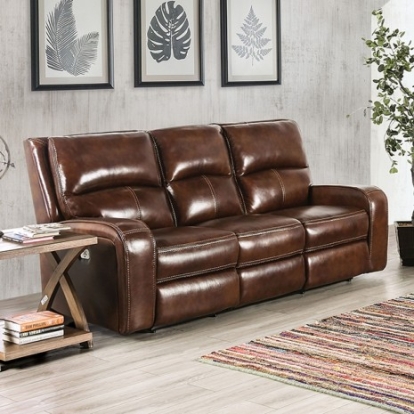 Furniture Of America Soterios Transitional Top Grain Leather Match, Solid Wood, Others Medium Brown Power Sofa | CM9924MB-SF-PM