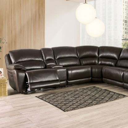 Furniture of America Gasparus Transitional Top Grain Leather Match Solid with Wood Dark Brown Power Sectional Model CM9929DB-SECT-PM