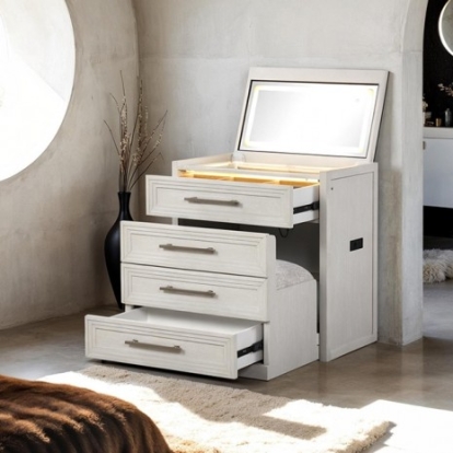 Furniture Of America Ashburton Contemporary Acacia Veneer, Engineered Wood, Solid Wood White Bedside Vanity Set W/ Stool | FM-AC416WH-V