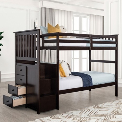 Furniture of America Ontario Transitional Engineered with Wood Solid Hardwood Espresso Twin-Twin Bunk Bed Model FM-BK102ES-T-BED