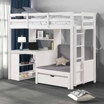 Furniture Of America Mateo Contemporary Engineered Wood, Fabric, Foam, Pinewood White Twin/Twin Loft Bunk Bed | FM-BK200WH-BED+BC-BOOKCASE
