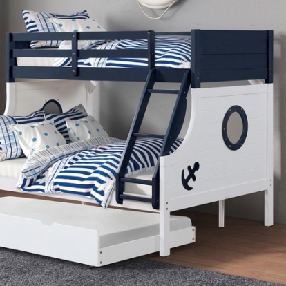 Furniture of America Nautia Novelty Engineered with Wood Solid with Wood Blue-White Twin-Full Bunk Bed Model FM-BK629BL-BED