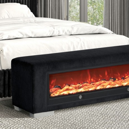 Furniture Of America Elnath Contemporary Fabric, Foam, Metal Black Bench W/ Visual Wood Log Fireplace | FM-BN6001BB