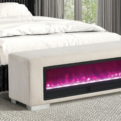 Furniture Of America Elnath Contemporary Fabric, Foam, Metal Beige Bench W/ Visual Crystal Fireplace | FM-BN6001BG