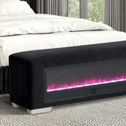 Furniture Of America Elnath Contemporary Fabric, Foam, Metal Black Bench W/ Visual Crystal Fireplace | FM-BN6001BK