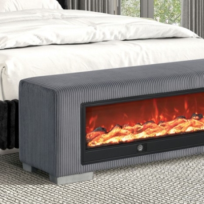 Furniture Of America Elnath Contemporary Fabric, Foam, Metal Gray Bench W/ Visual Wood Log Fireplace | FM-BN6001GY