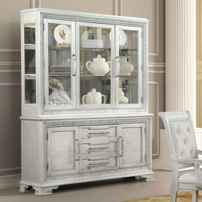 Furniture of America Stella Mia Traditional Engineered with Wood Oak with Ash Burl Veneer Solid Rubberwood Solid with Wood Ivory Hutch Buffet Model FM31000WH-HB-SET