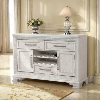Furniture Of America Stella Mia Traditional Engineered Wood, Oak W/ Ash Burl Veneer, Solid Rubberwood, Solid Wood Ivory Sideboard | FM31000WH-SV