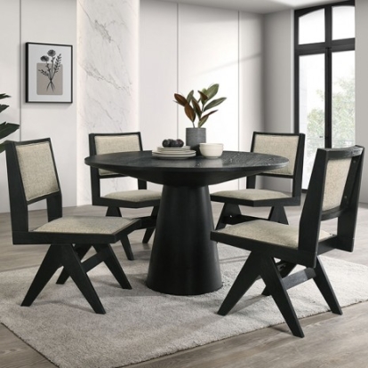 Furniture of America Tottenham Contemporary Engineered with Wood Fabric Oak Veneer Solid Rubberwood Black 48" Round Dining Table Model FM3222BK-RT-48-TABLE