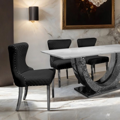 Furniture of America Portanova Glam Fabric Sintered Stone Stainless Steel Chrome Dining Table Model FM33003SV-T-TABLE