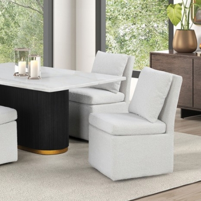 Furniture of America Morges Contemporary Boucle Chenille Fabric Engineered with Wood Marble Metal Black-White Rect Dining Marble Table Model FM3432WH-T-TABLE
