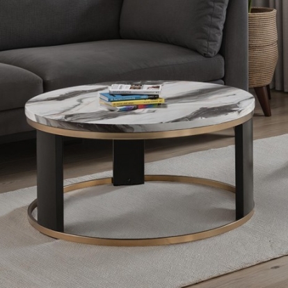 Furniture Of America Bogor Contemporary Mdf, Metal, Paper, Rubberwood White/Gold/Black Round Cocktail Table | FM44007BK-CR