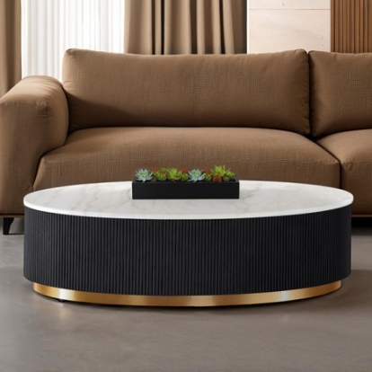 Furniture Of America Virden Contemporary Engineered Wood, Marble, Stainless Steel Black/White/Gold Oval Cocktail Table | FM47000BK-CO