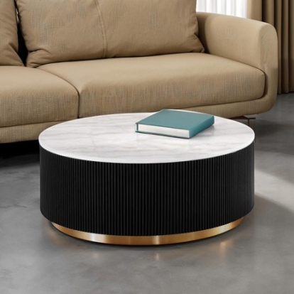 Furniture Of America Virden Contemporary Engineered Wood, Marble, Stainless Steel Black/White/Gold Round Cocktail Table | FM47000BK-CR