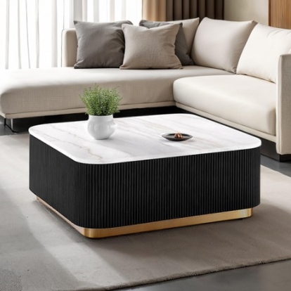 Furniture Of America Virden Contemporary Engineered Wood, Marble, Stainless Steel Black/White/Gold Square Cocktail Table | FM47000BK-CS