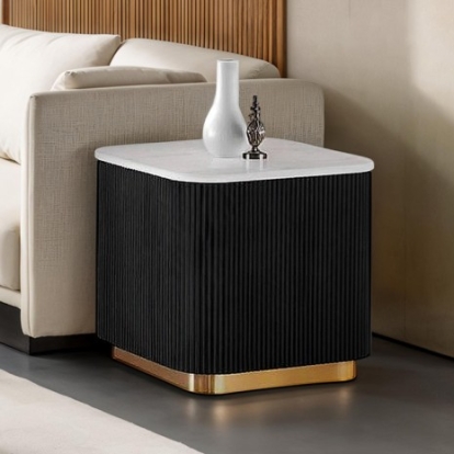 Furniture Of America Virden Contemporary Engineered Wood, Marble, Stainless Steel Black/White/Gold Square End Table | FM47000BK-ES