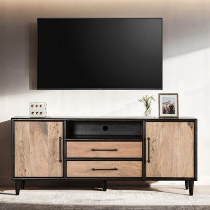 Furniture of America Lakeside Modern Farmhouse Birch Veneer Engineered with Wood Mango Veneer Solid Rubberwood Light White Wash 72" Tv Stand Model FM49003BK-TV