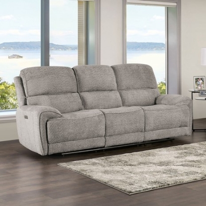 Furniture of America Morcote Transitional Boucle Solid with Wood Light Gray Power Sofa Model FM62001LG-SF-PM