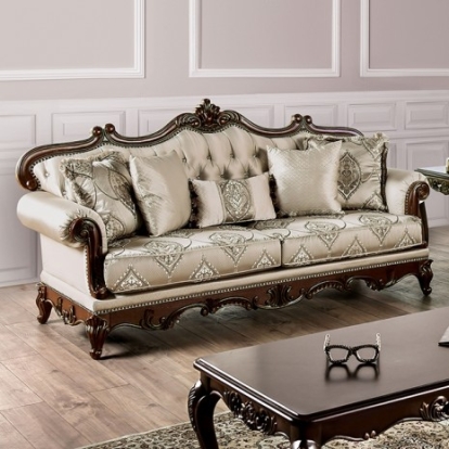 Furniture Of America Veracruz Traditional Fabric, Solid Wood, Others Dark Cherry/Beige Sofa | FM65002BG-SF