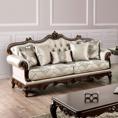 Furniture of America Veracruz Traditional Fabric Solid with Wood Dark Cherry-Beige Sofa Model FM65002BG-SF