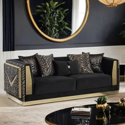 Furniture Of America Doriphei Glam Fabric, Stainless Steel, Solid Wood, Others Black Velvet/Gold Sofa | FM67000BK-SF