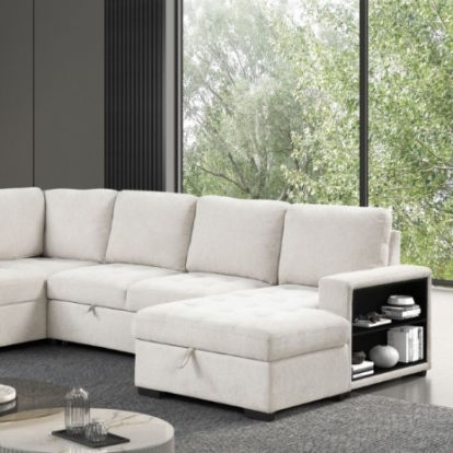 Furniture of America Stockwell Contemporary Engineered with Wood Fabric Foam Metal Beige Sleeper Sofa Sectional Model FM6966BG-SECT