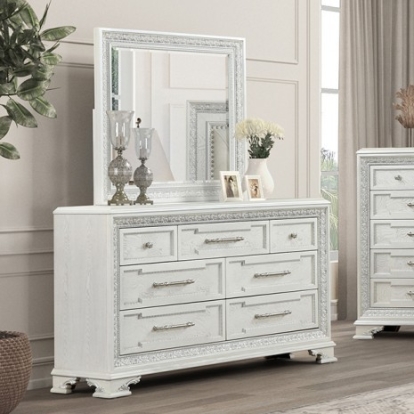 Furniture of America Stella Mia Traditional Ash Burl Veneer Engineered with Wood Fabric Foam Oak Veneer Pinewood Creamy White Dresser W-Jewelry Box Model FM70000WH-D