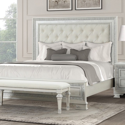 Furniture of America Stella Mia Traditional Ash Burl Veneer Engineered with Wood Fabric Foam Oak Veneer Pinewood Creamy White Bed Model FM70000WH-F