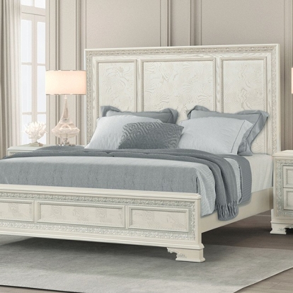 Furniture of America Stella Mia Traditional Ash Burl Veneer Engineered with Wood Fabric Foam Oak Veneer Pinewood Creamy White Bed Model FM70000WH-W