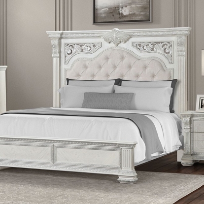 Furniture of America Promenade Traditional Engineered with Wood Oak Veneer Pinewood Wire Brushed White Bed Model FM70001WH-Queen Bed