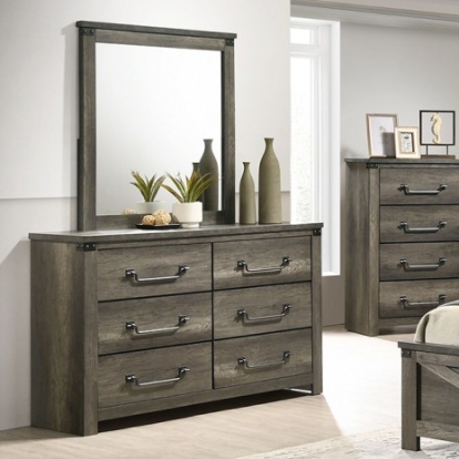 Furniture of America Britonale Rustic Farmhouse Engineered with Wood Melamine Paper Metal Rubberwood Rustic Gray 6-Drawer Dresser Model FM7218GY-D