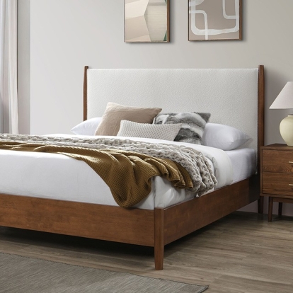 Furniture of America Thusis Mid-Century Modern Boucle Veneer Solid with Wood Walnut-Beige Bed Model FM7221WN-Full Bed